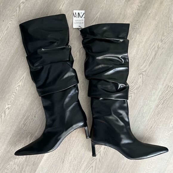 Zara Shoes - ZARA SLOUCHY LEATHER KNEE HIGH HEELED BOOTS